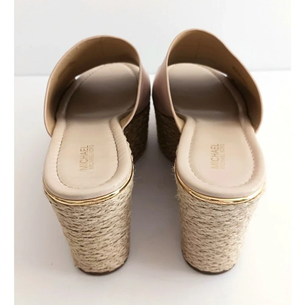 Michael Kors Cunningham Platform Wedge Lt Pink Leather Jute Logo Heel 9.5M